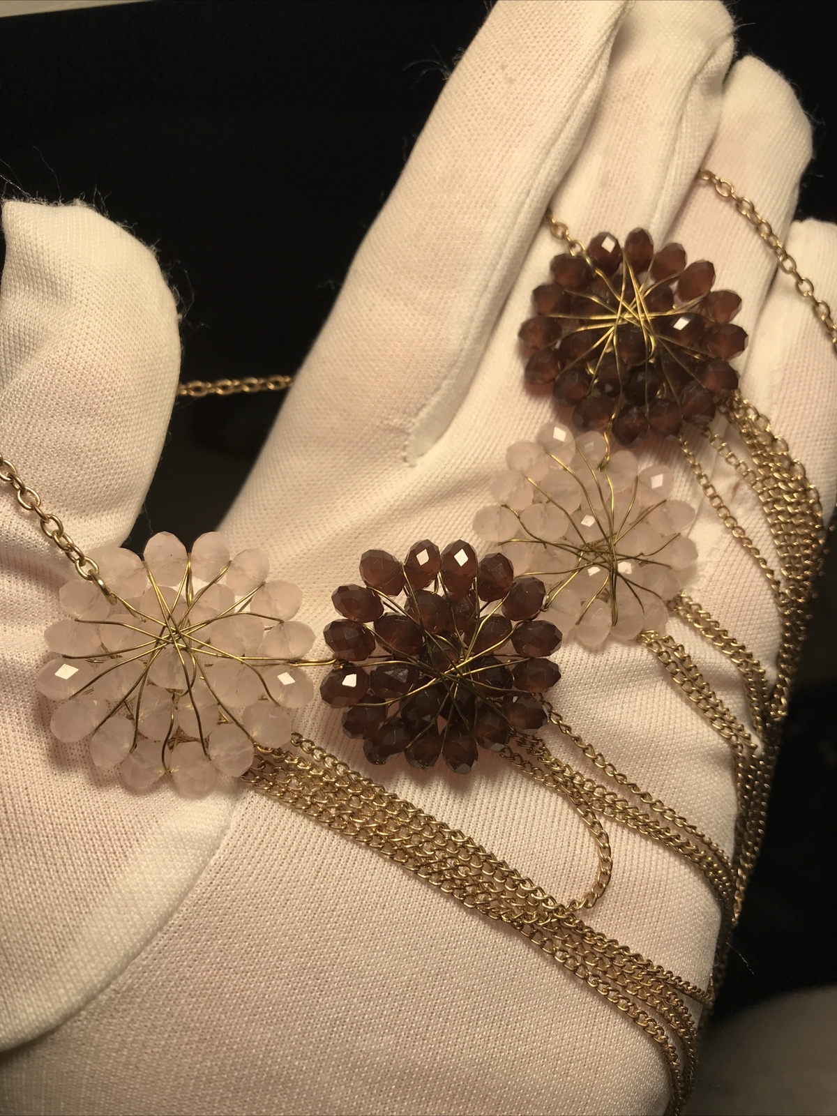Necklace Light Pink/Purple/Burgundy Glass Bead Charm Gold Tone Chain Link 24-27”