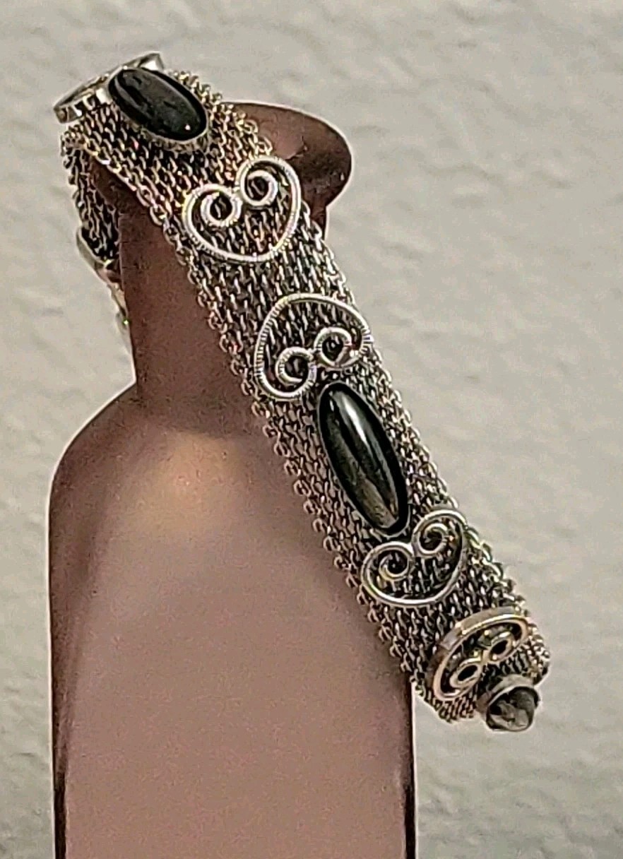 Vtg Silver Tone Mesh Chain Belt Bracelet Dark Gray Accent Adjustable 1960s