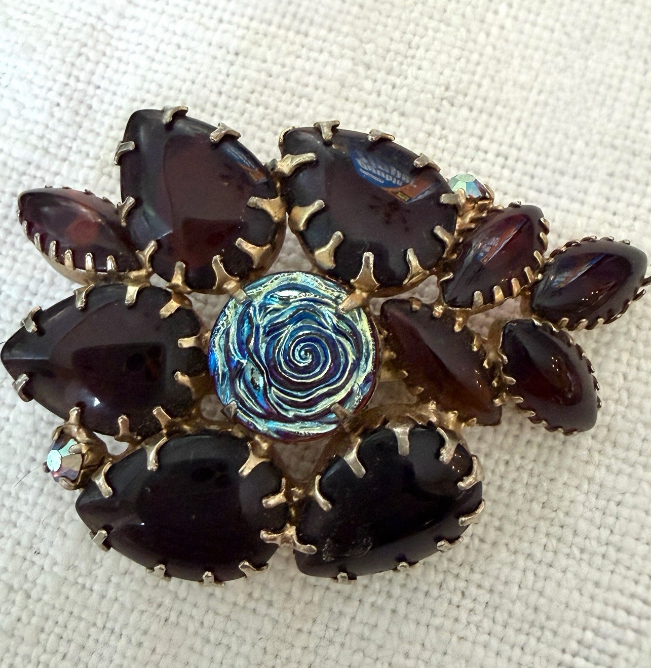 Deep Red Glass Molded Rose Brooch Art Glass Flower AB Rhinestone Statement Vtg