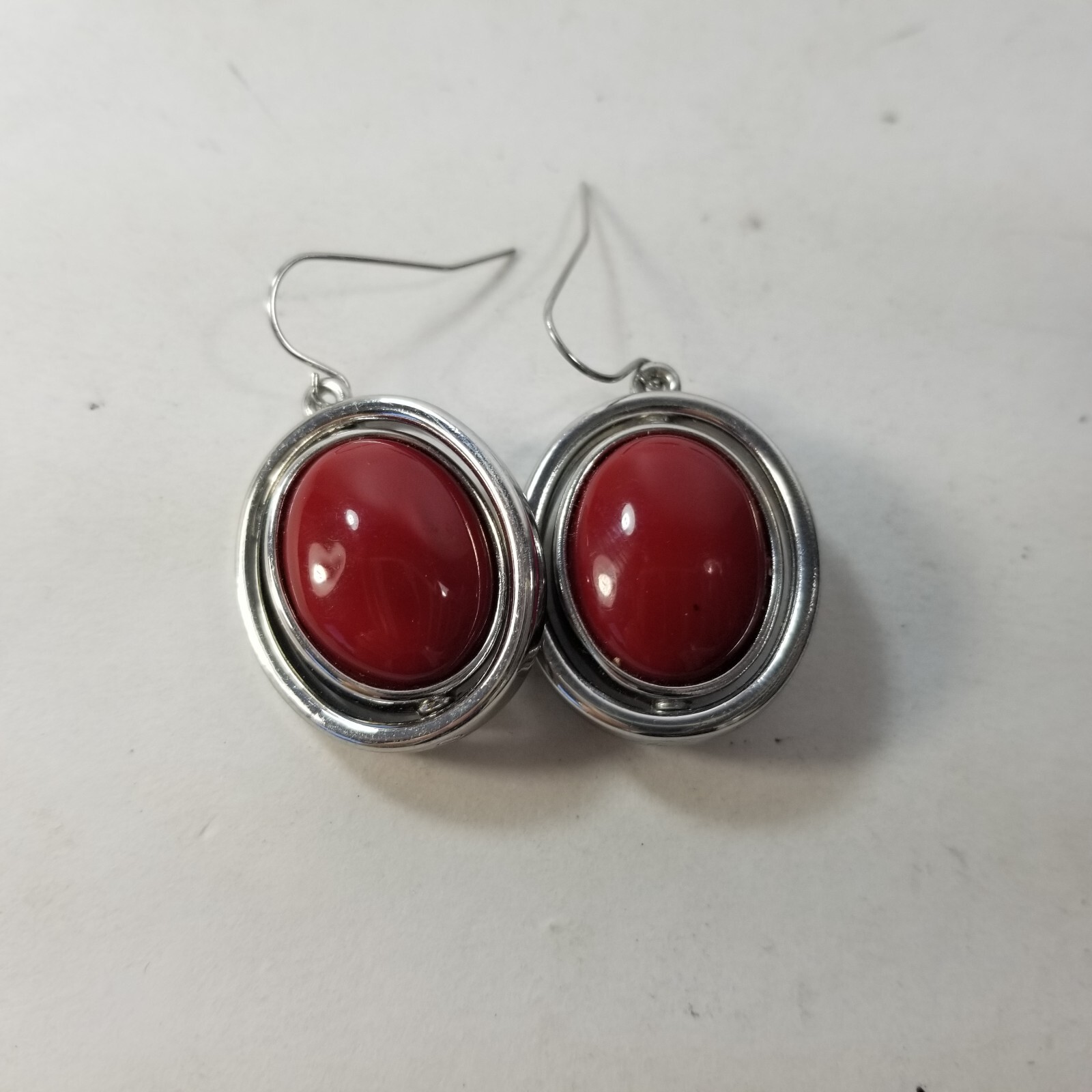 silver tone red & Black Reversible drop dangle hook pierced earrings