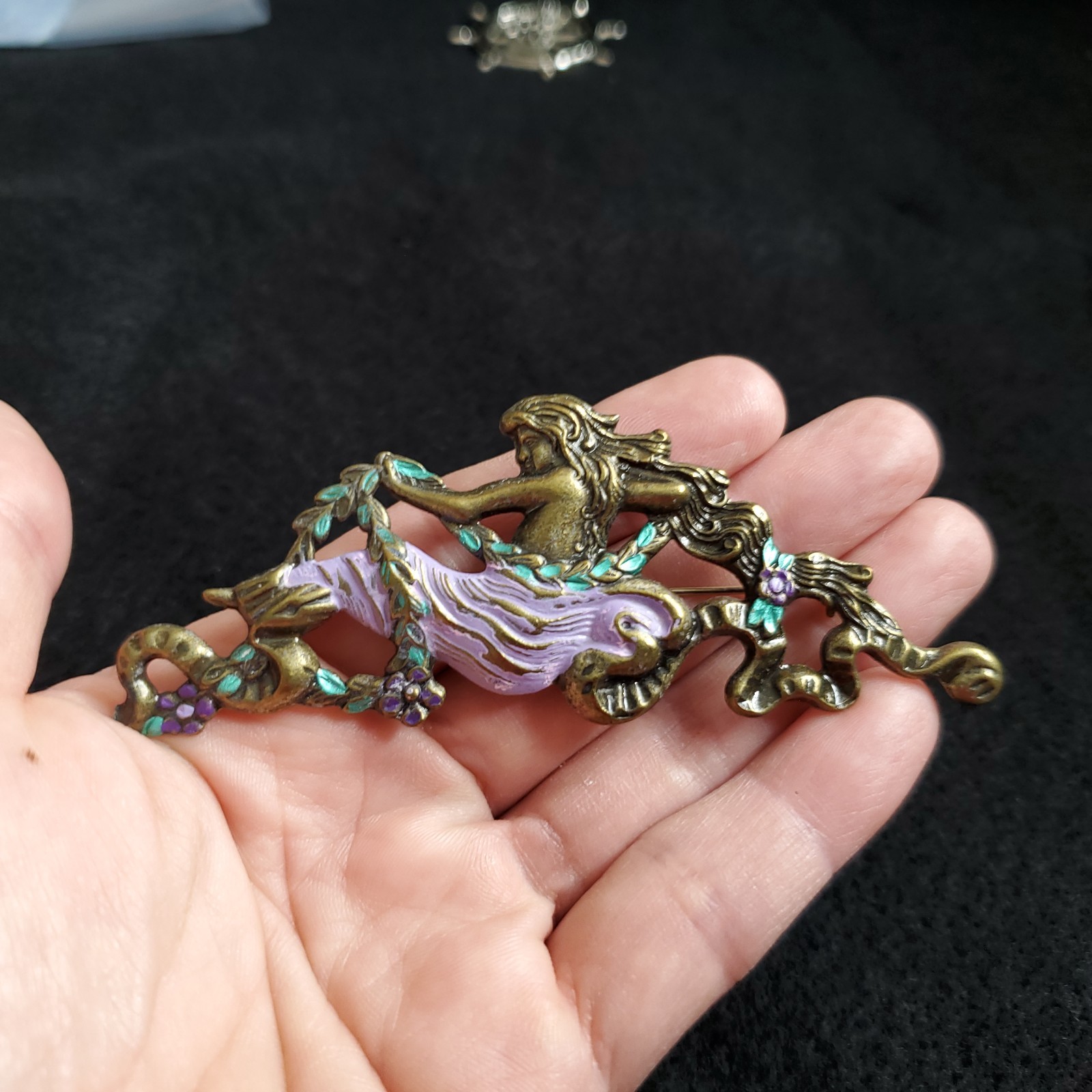 Mermaid Brooch Bronze Tone Purple Statement 3.75″