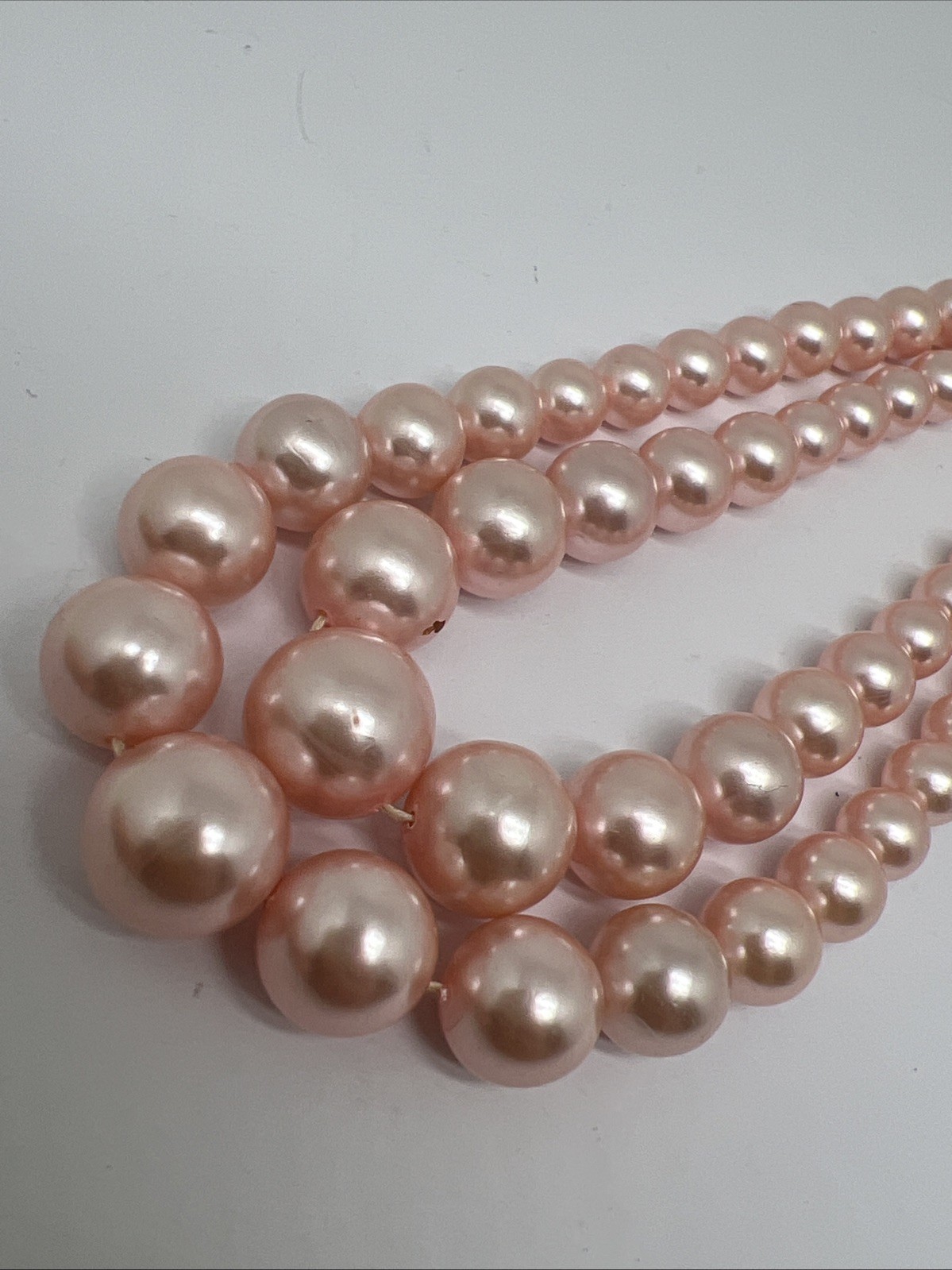 Vintage pink Faux Pearl 15”-17” Necklace Graduated Double Strand Signed Japan