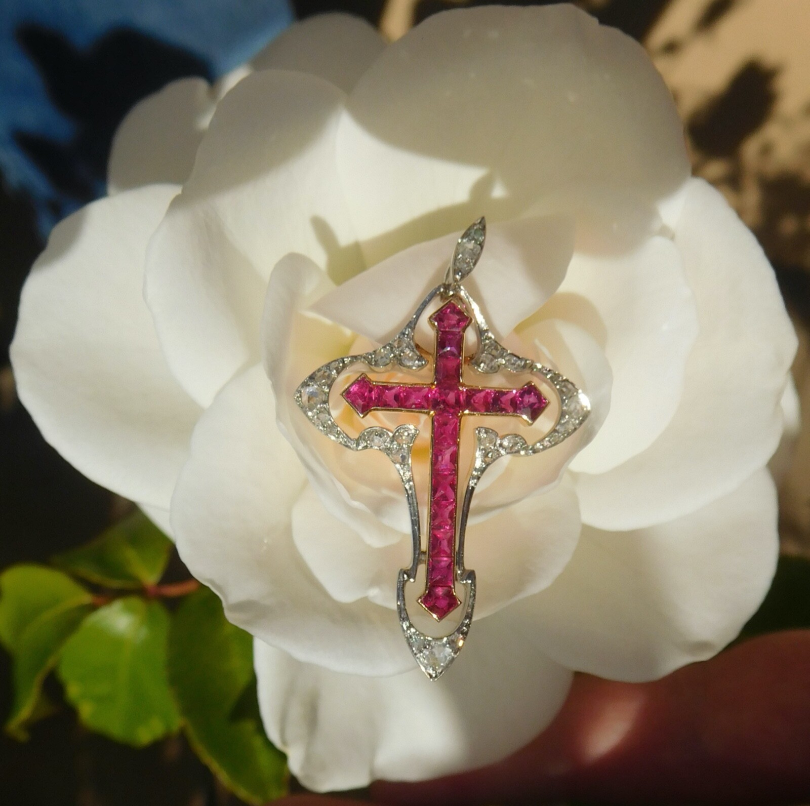 Belle Époque Art Nouveau 18K Rose Gold Platinum Diamonds Rubies Cross Pendant 🥀