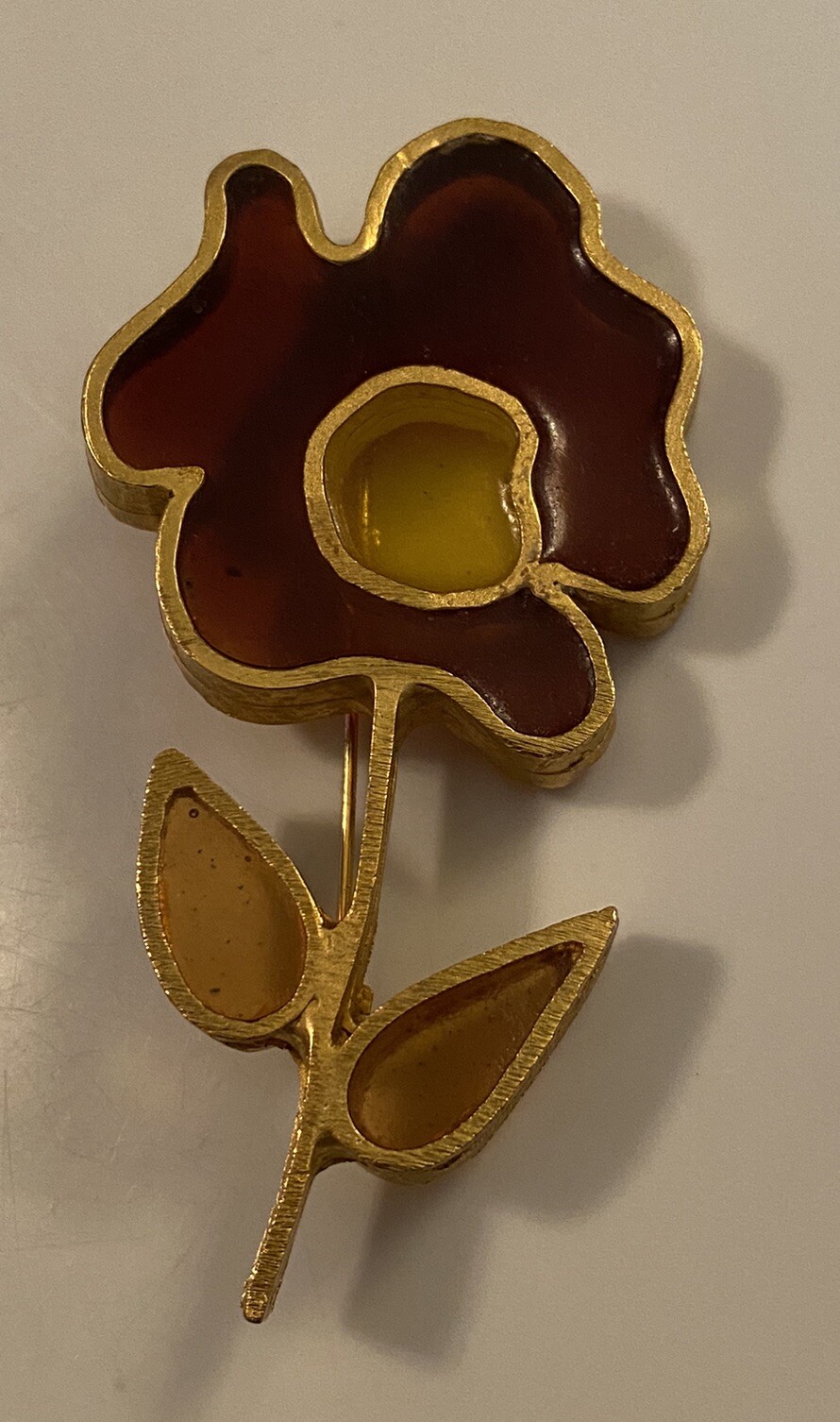 Vtg Lester JOY Signed Resin Stained Glass Plique A Jour Large Flower Brooch