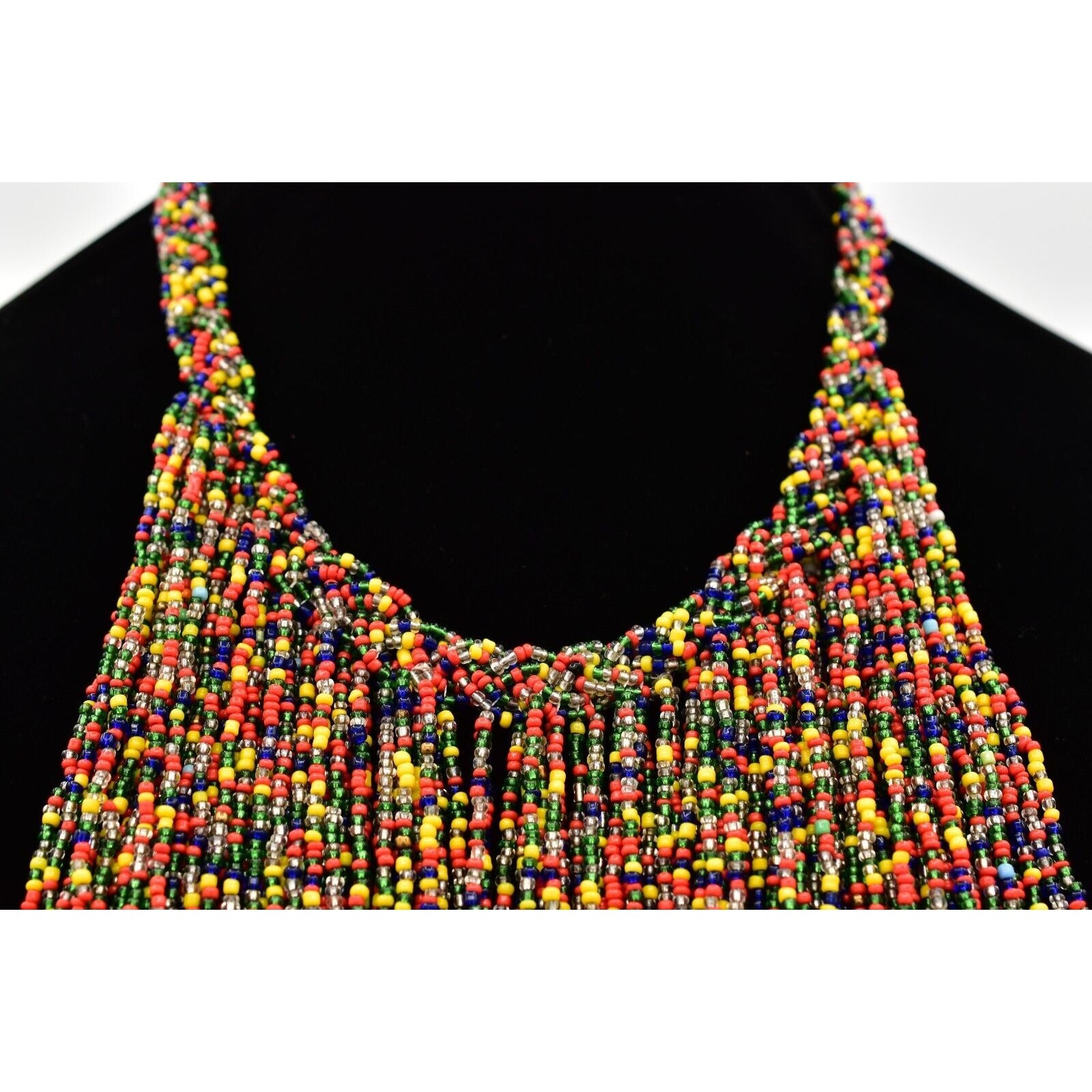 Vintage Rainbow Beaded Bib Statement Necklace Fringe Collar Colorful 70s BinA17