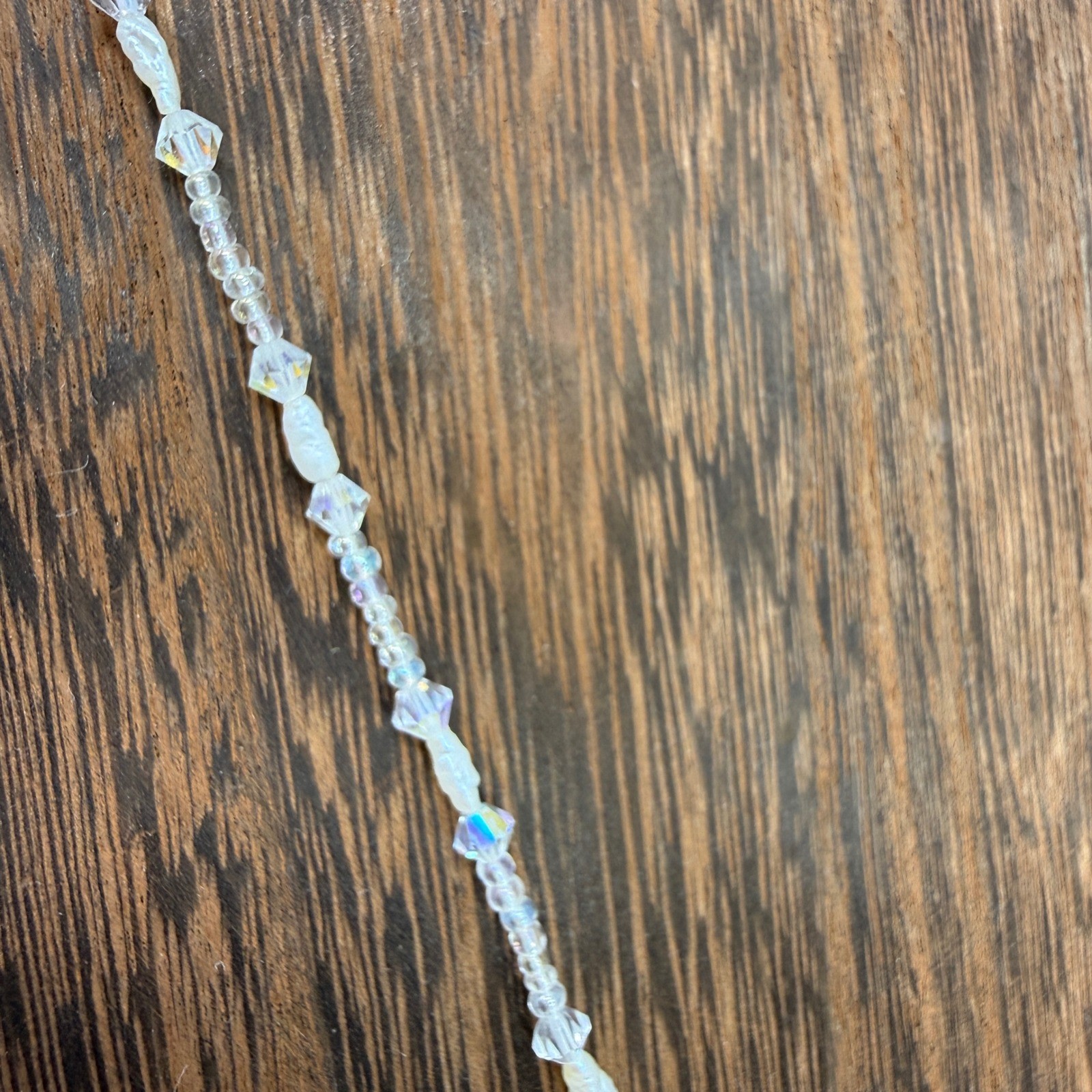 Vintage Frosted Glass AB Crystal Pearl Beaded Necklace Filigree Clasp Iridescent
