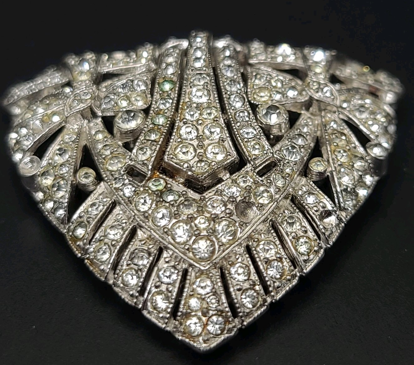 Vintage Signed Crown Trifari Art Deco Rhinestone Dress Clip Brooch