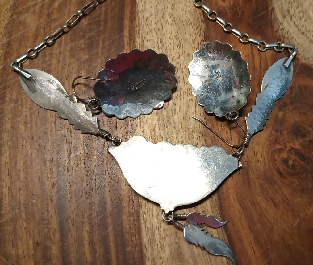 VINTAGE TURQUOISE NAVAJO STERLING SILVER FEATHER NECKLACE & EARRINGS