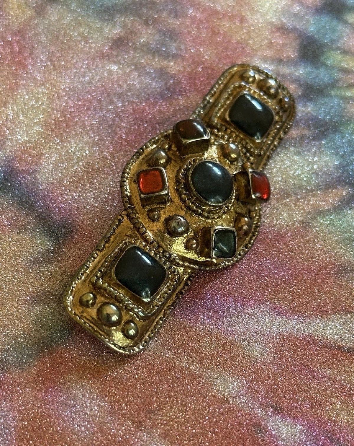 VTG French Style (Paris) Etruscan Mogul Bar Brooch/pin Multicolor Enamel,80s