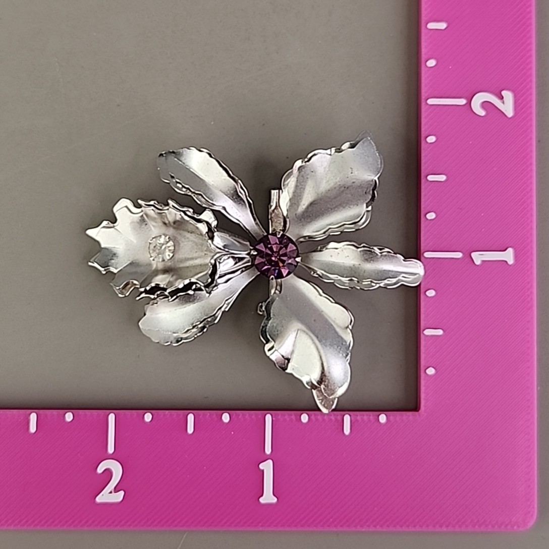 Vintage Flower Brooch Orchid Purple Rhinestone Silver Tone 2″