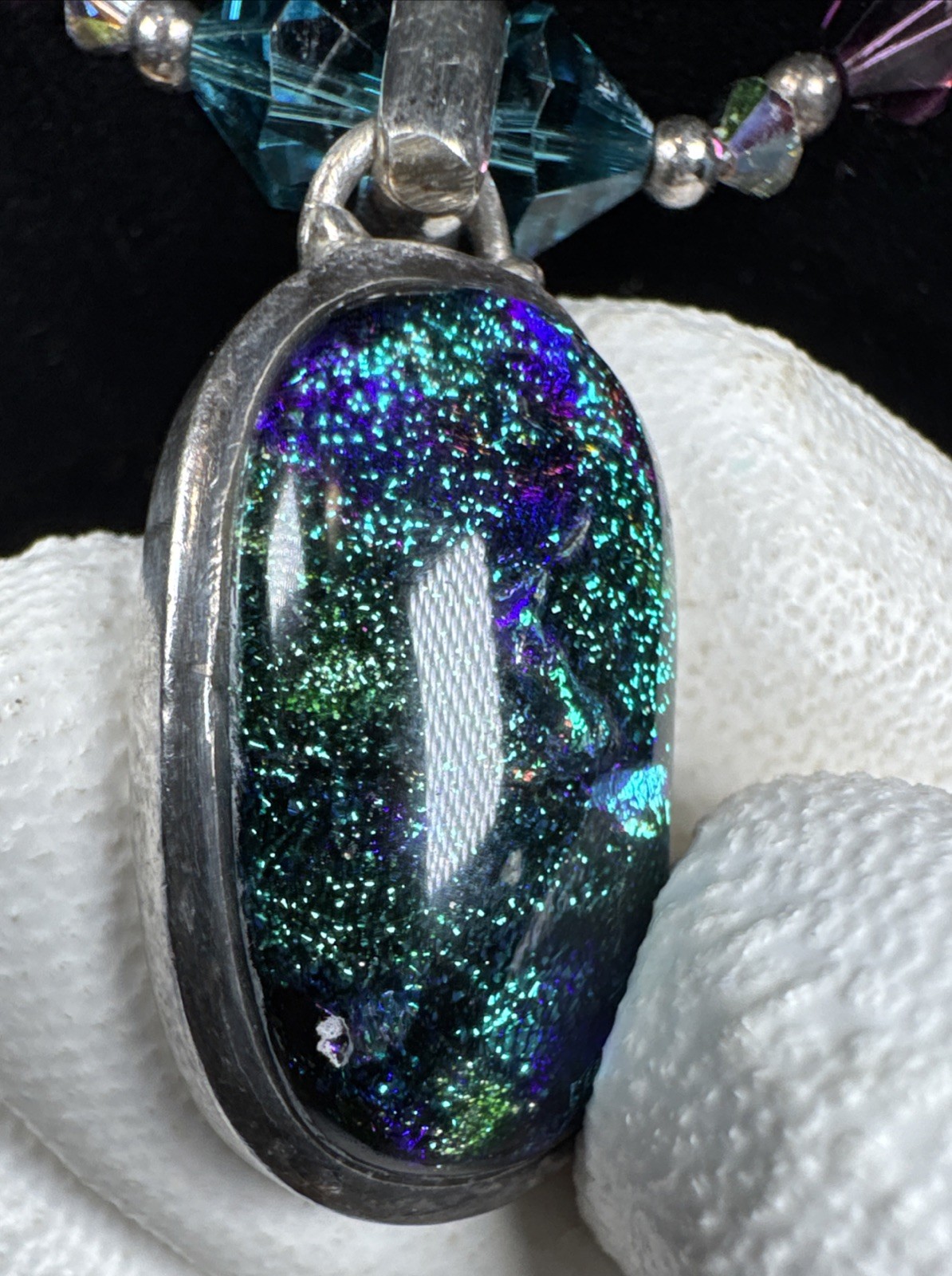 ✨Vintage Dichroic Glass 925 Sterling Silver Beaded Necklace 18” Toggle Closure