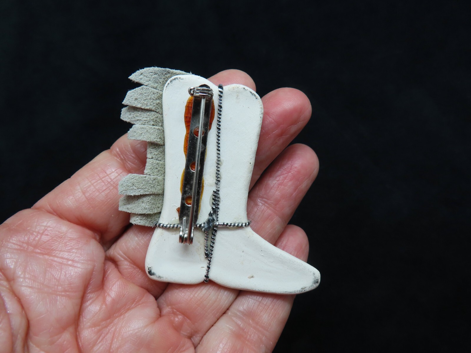 Vintage 1980’s Leather Trim 50& Rhinestone BOOT Cowboy Motif Brooch
