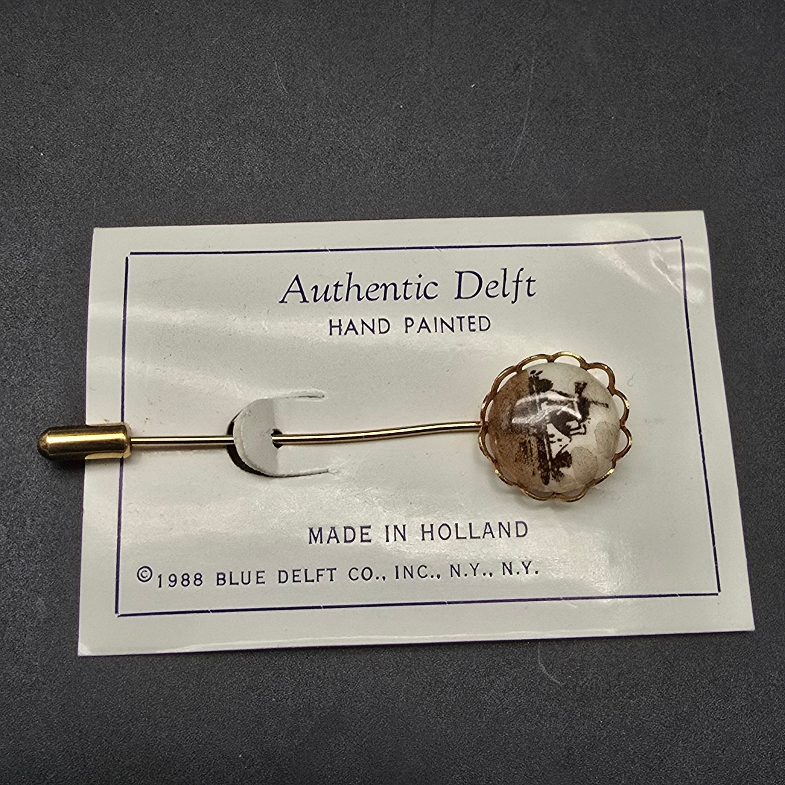 Holland Delft Stick Pin Hand Painted Brown Wind Mill Scene