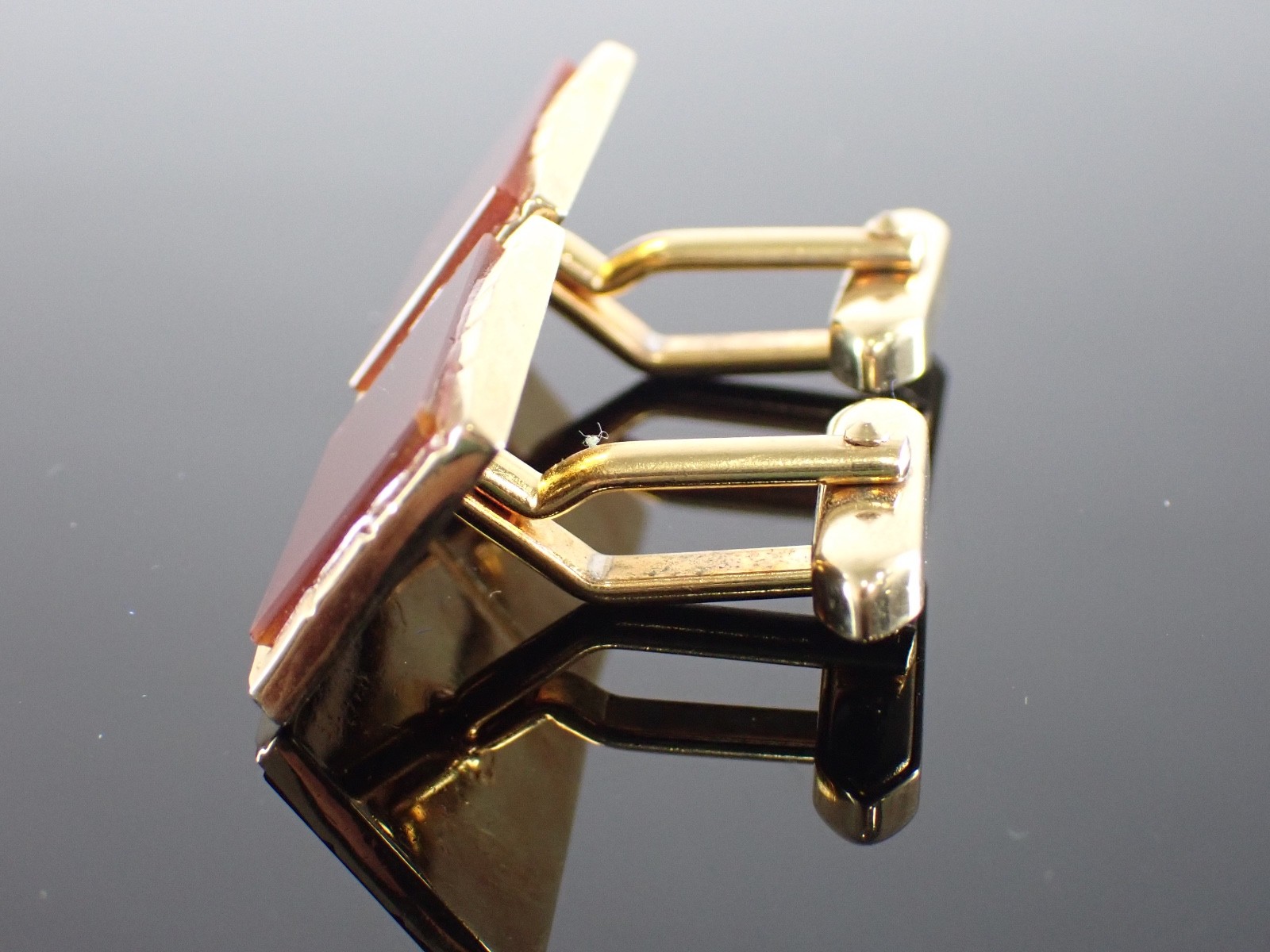 Vintage Gold Tone Red Stone Rectangular Cufflinks Mid Century Style