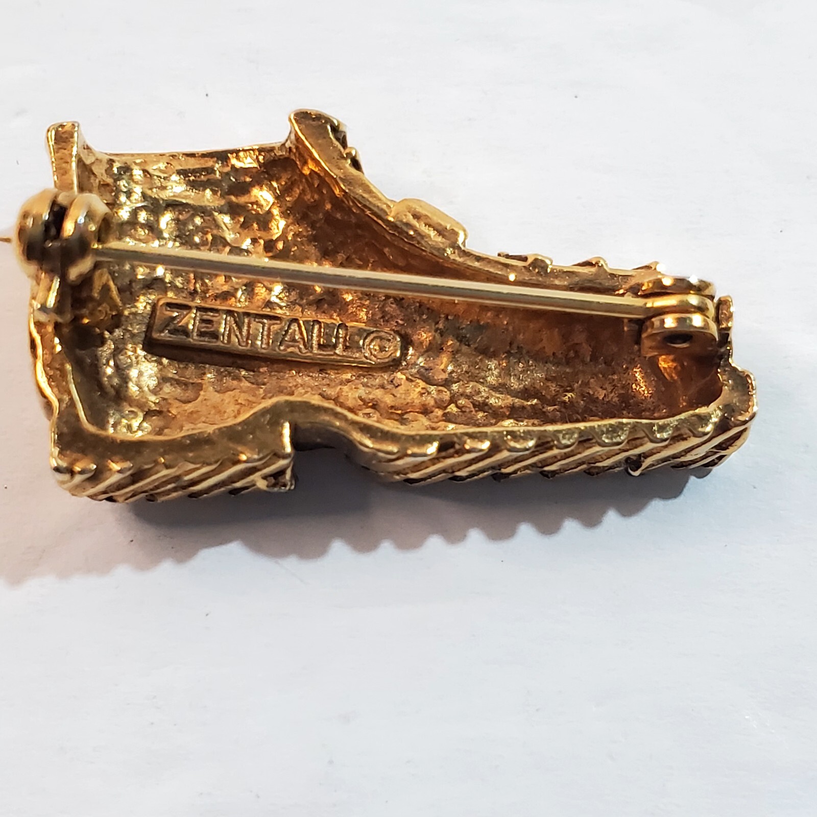 Vintage Zentall Gold Bronze Tone Metal Work Boot Shoe Brooch Pin