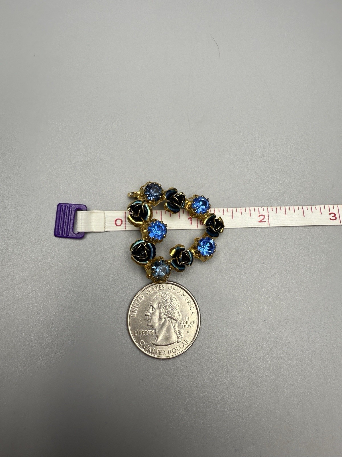 Austrian Brooch Blue Rhinestones Enamel Roses Prong Set Gold Tone Metal VTG