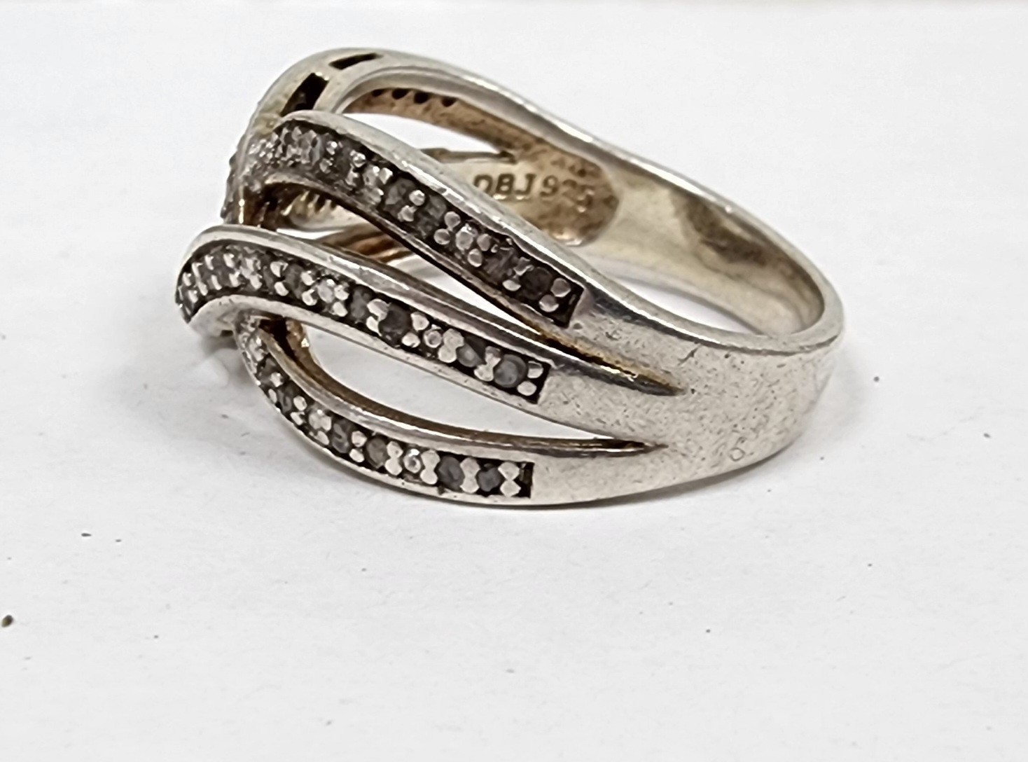 DBJ Diamond (Tested) Sterling Silver 925 Crossover Band Ring Size 8 Pre-Owned