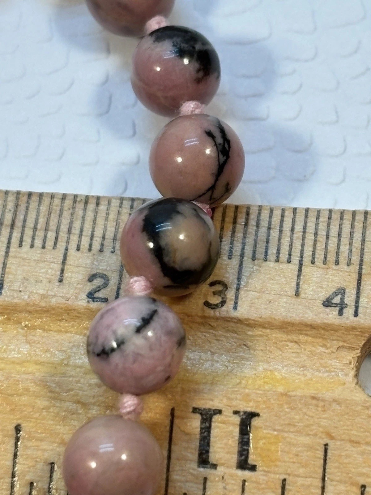 Vintage Pink/Black Rhodonite 8mm Beaded 30” Necklace Hand Knotted Silk No Clasp