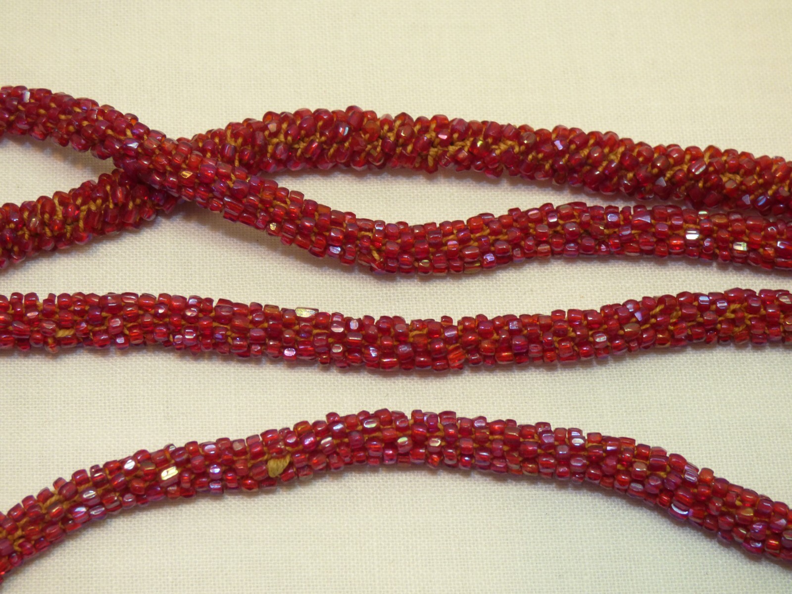 Vintage 44″ Dark Red Iridescent Rope Flapper Necklace Glass Seed Beads Shimmer