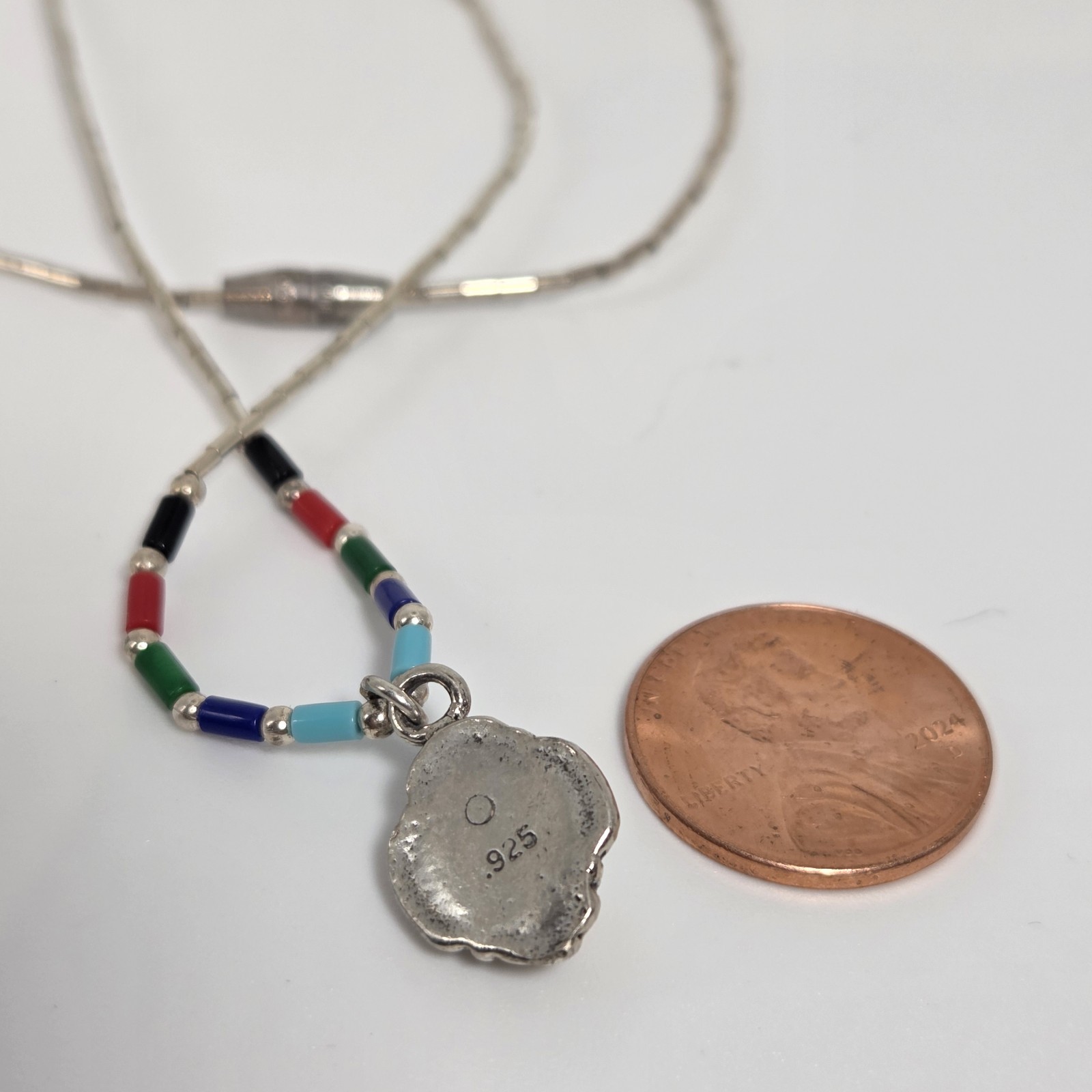 Navajo Handcrafted Oval Pendant 925 Sterling Silver Multicolor Inlay 16″ Chain