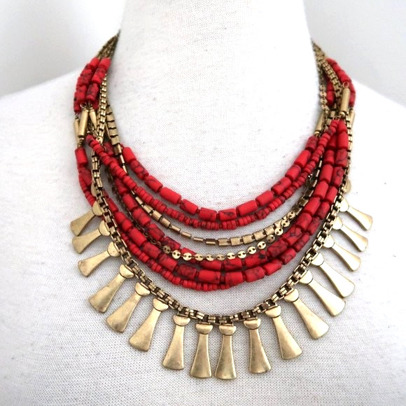 STELLA & DOT Bliss Necklace Convertible 3 in 1 Multi Strand Coral Gold Tone 20″