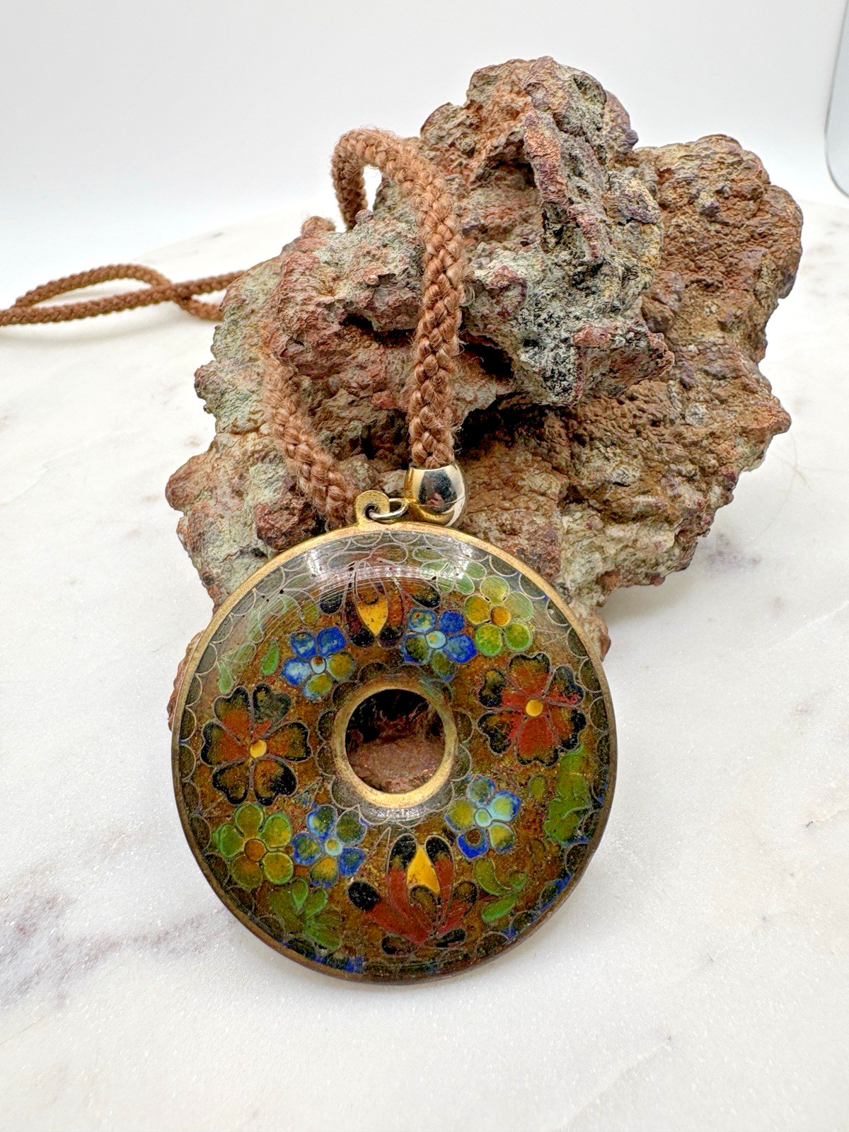 Vintage Cloisonné 1970s Large Hand Painted Enamel Floral Donut Pendant Necklace