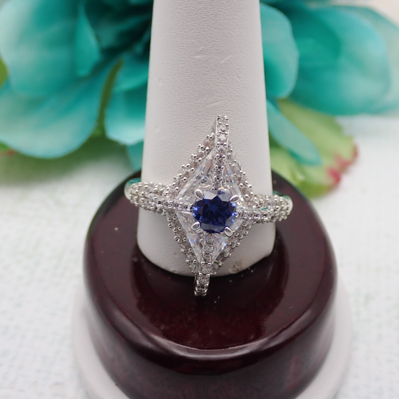 Vtg HSN High Relief Blue Clear CZ Pave Designer Sterling Silver Size 12 Ring
