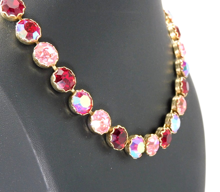Vintage WEISS Pink Red AB Loop Prong Set Rhinestone Necklace Adjustable to 17″