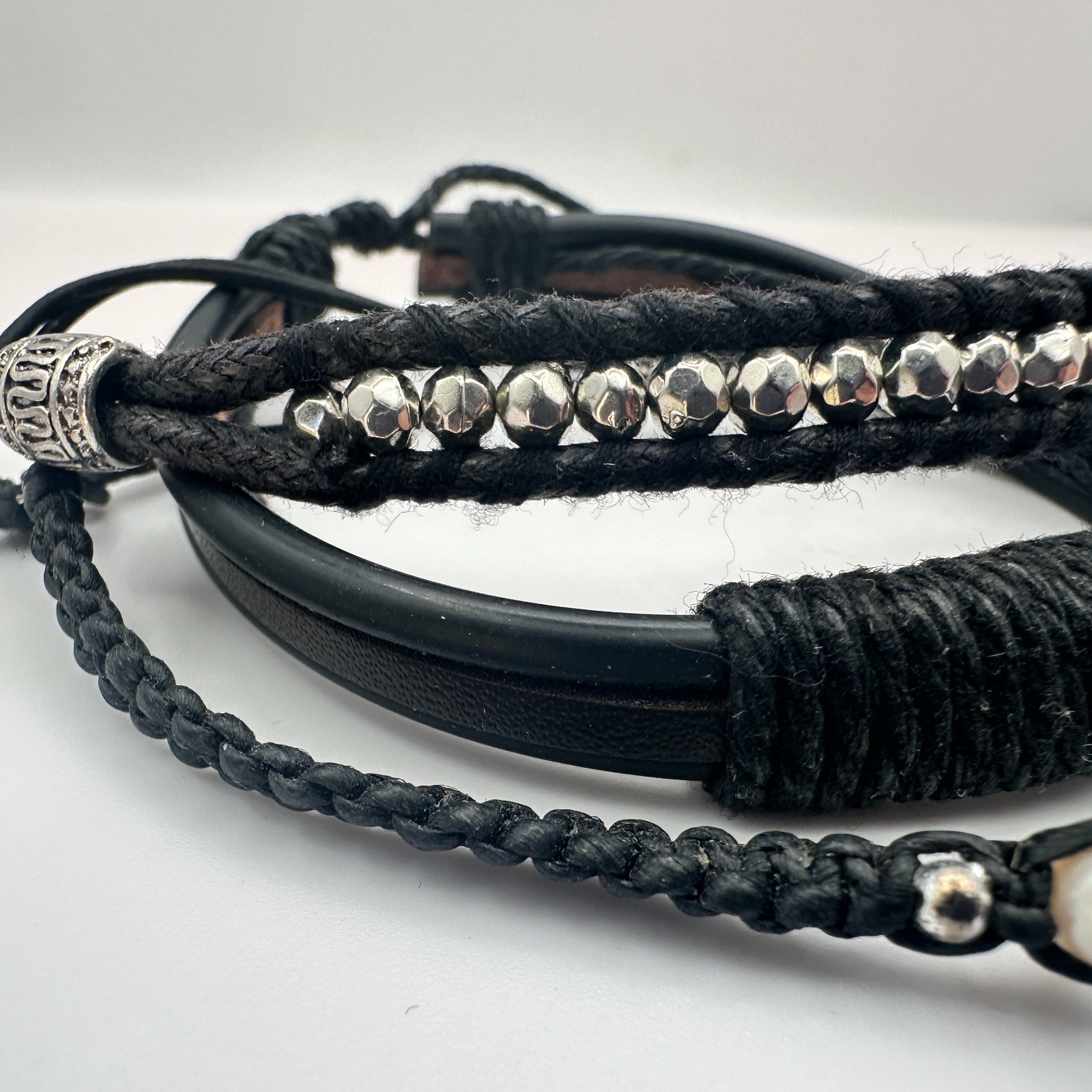 Vintage 90s Black Leather Glass Bead Bracelets Set Silver Tone Adjustable Boho