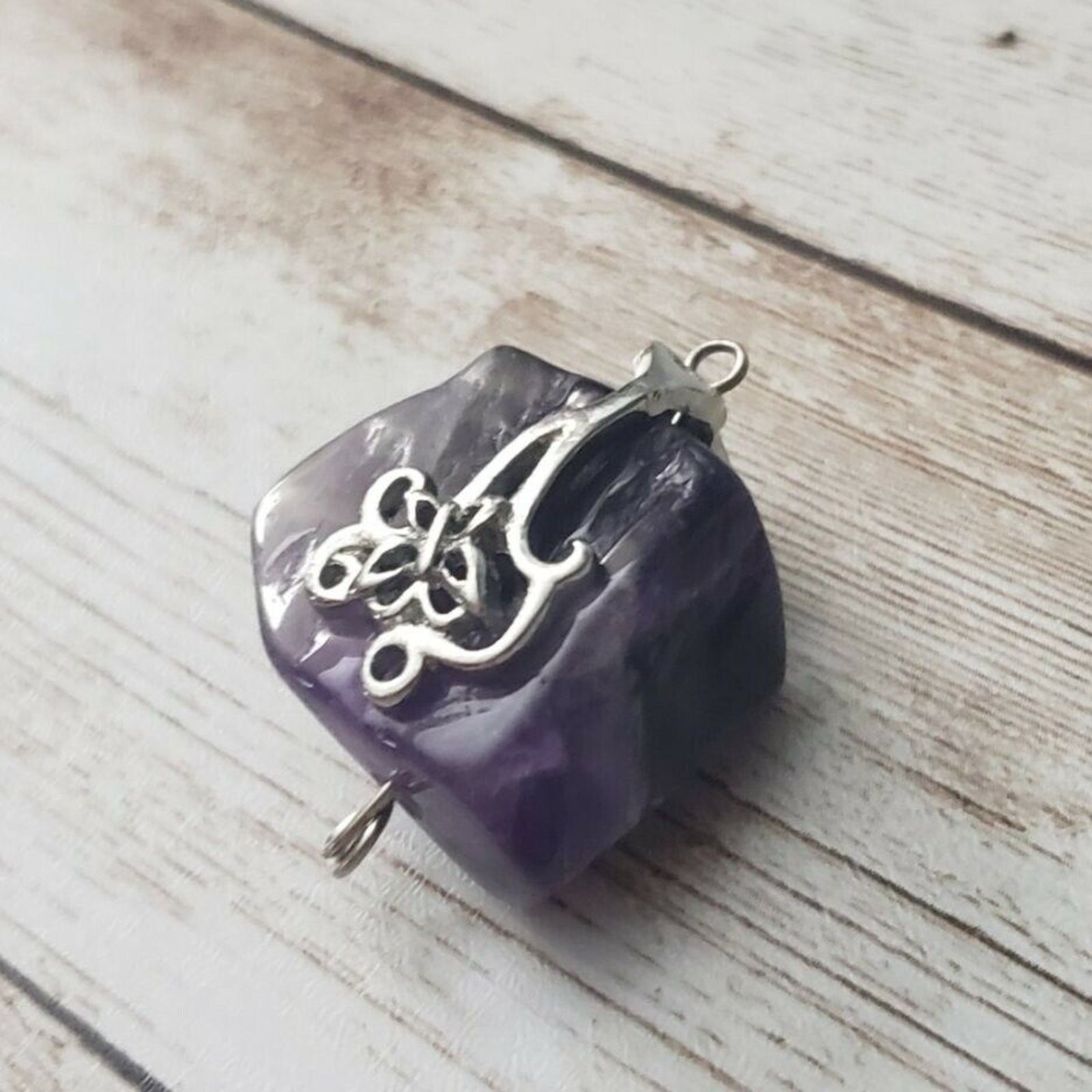 Vintage Pendant Raw Purple Stone with Silver Tone Accent – No Chain Included