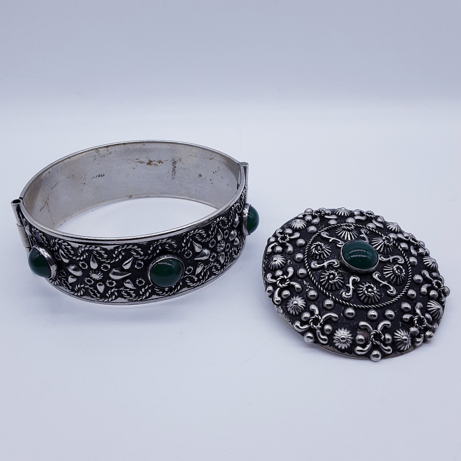 Vintage Set ornate Silver Clasp Bracelet w/ Safety Chain & brooch Italy