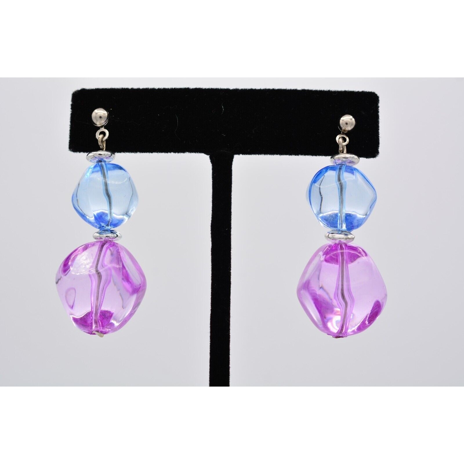 Vintage Lucite Beaded Dangle Earrings Blue Juicy Pink Drop Chunky Bright 80s W1