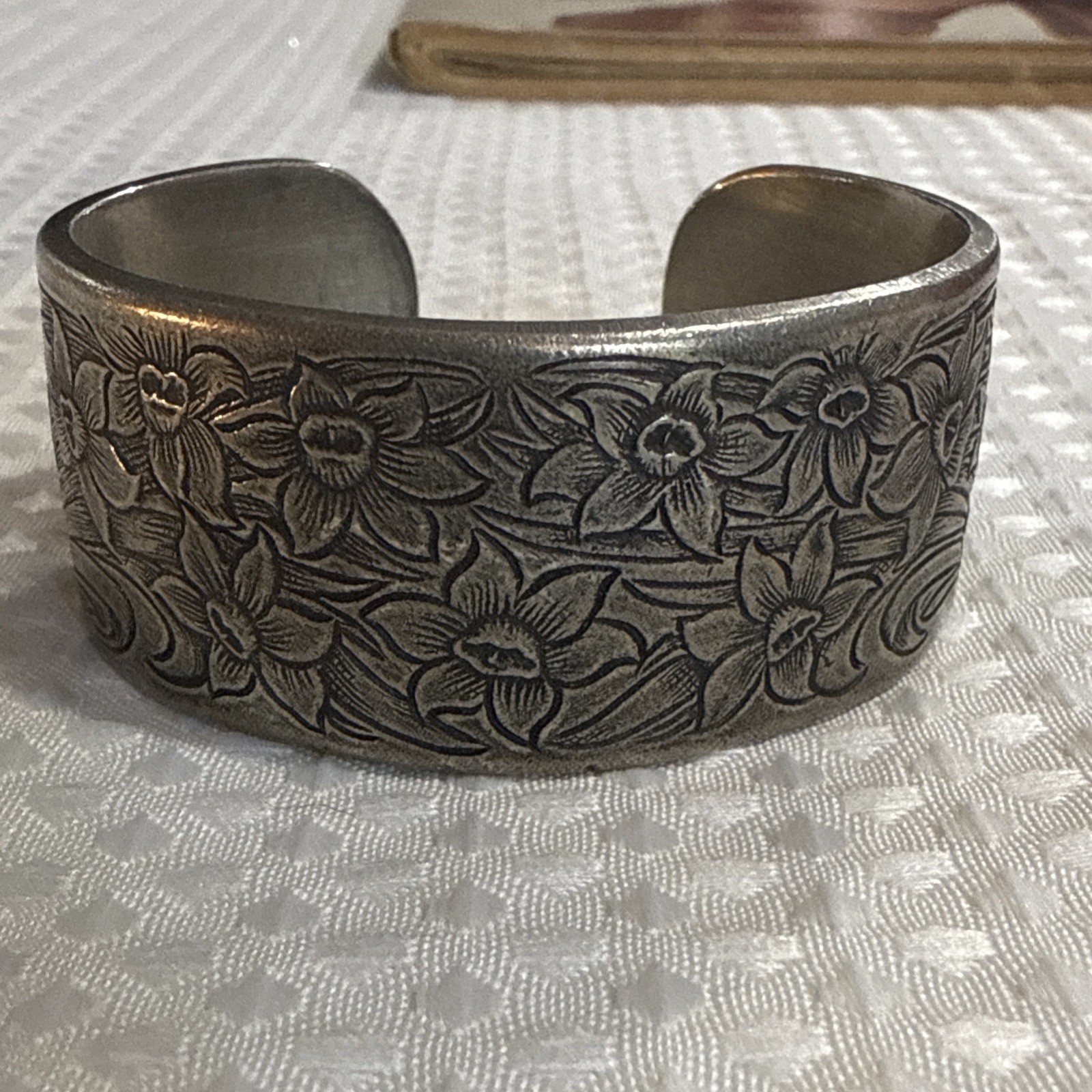 Vintage Salisbury Pewter March Flower of the Month Wide Cuff Bracelet