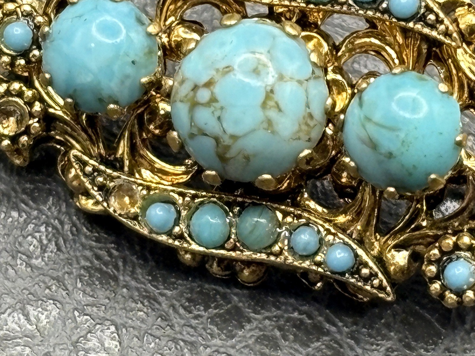 Vintage Victorian Revival Brooch Faux Turquoise Glass Cabochon Pin Ornate READ