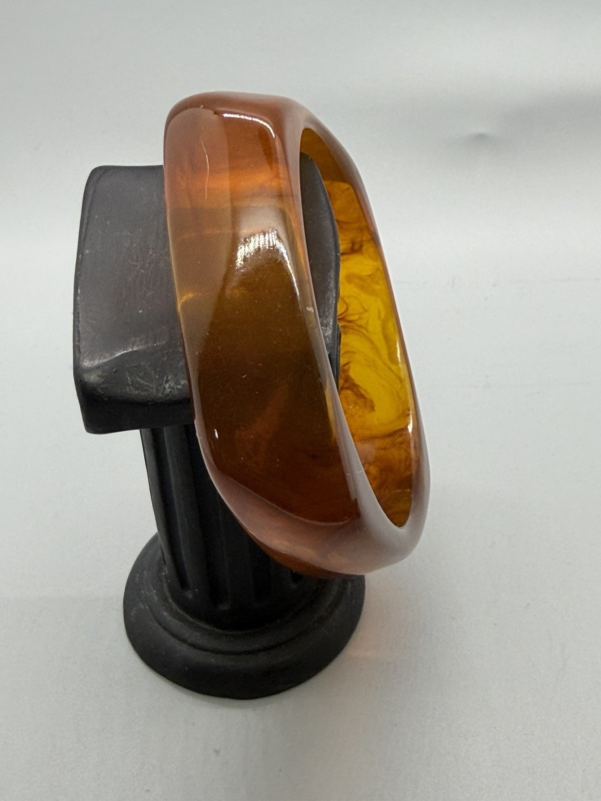 Vintage Brown Lucite Statement Bangle Bracelet Marbled Square Modern Sz 8.25