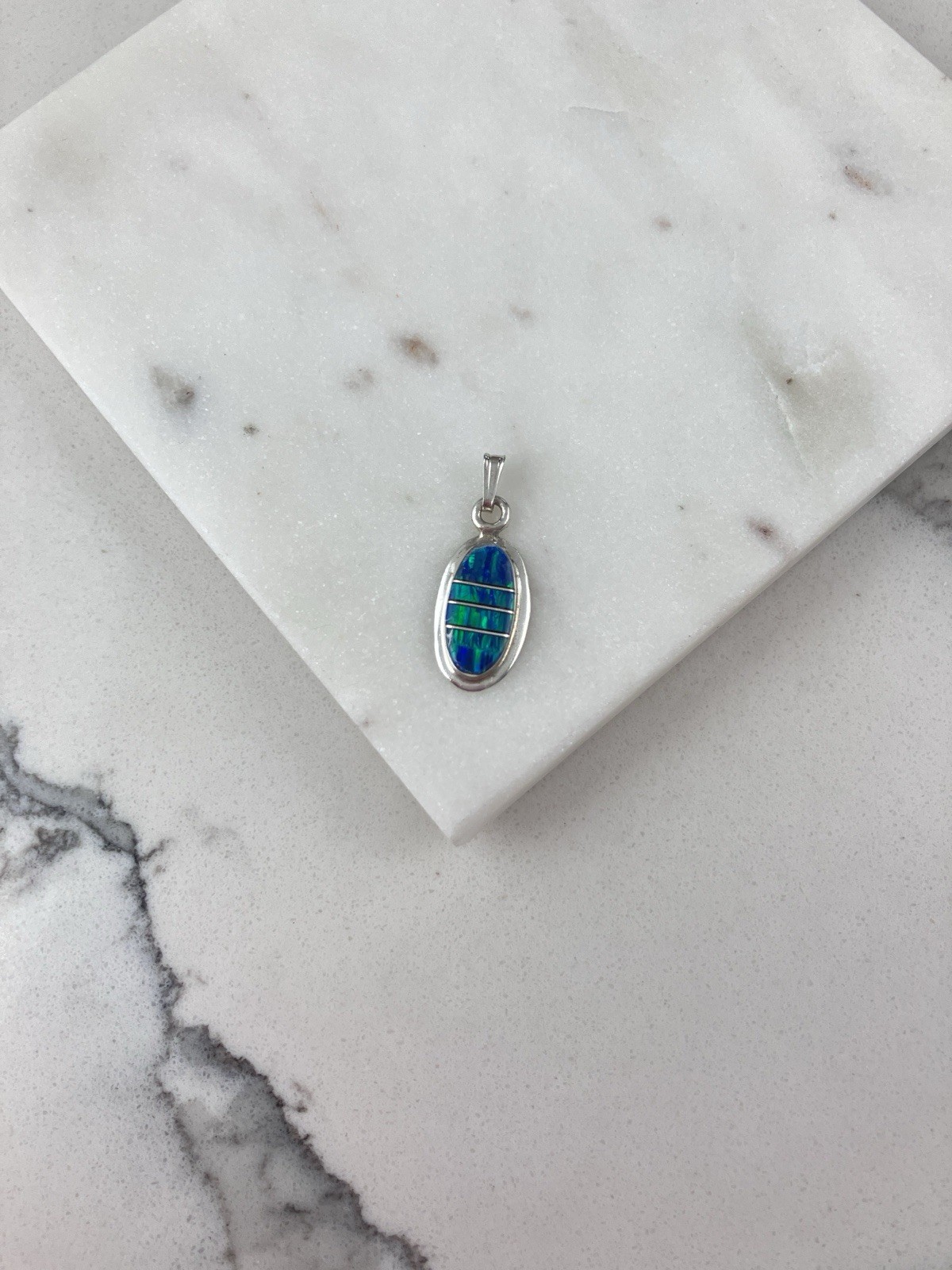 Vintage 925 Sterling Silver Blue Opal Minimal Charm Pendant