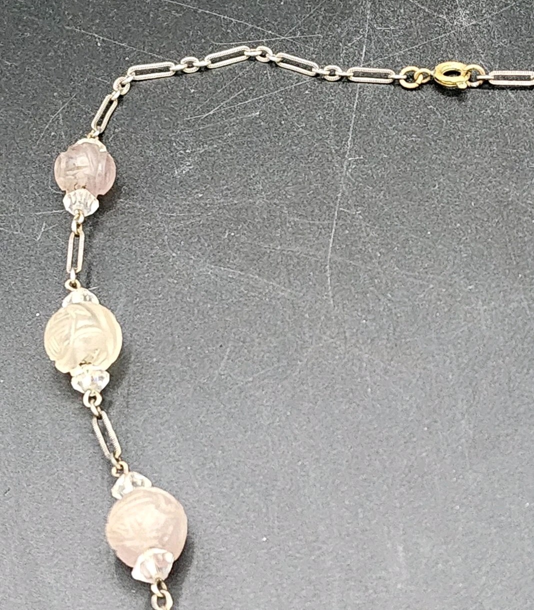 Antique Art Deco Chinese Carved Purple Amethyst Bead Necklace w/Carved Pendant