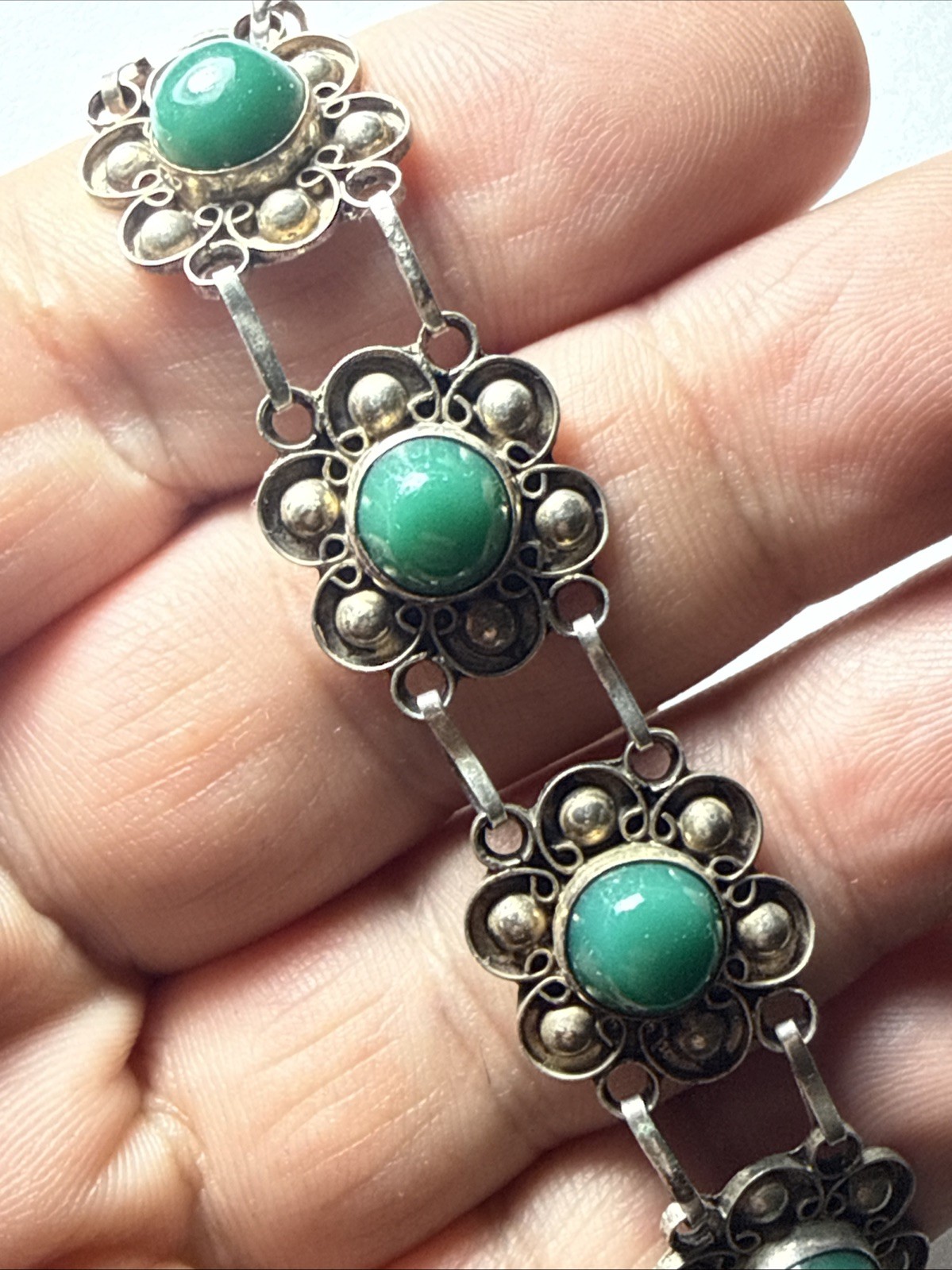 bracelet Taxco Mexico 980 Silver Better Than 925 Sterling Green Onyx Vintage 7.5