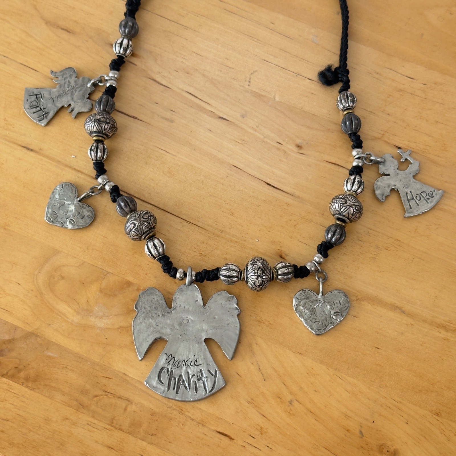Vintage Signed MARCIE Beaded Pewter 3 Angels Cord Necklace Faith, Hope & Charity