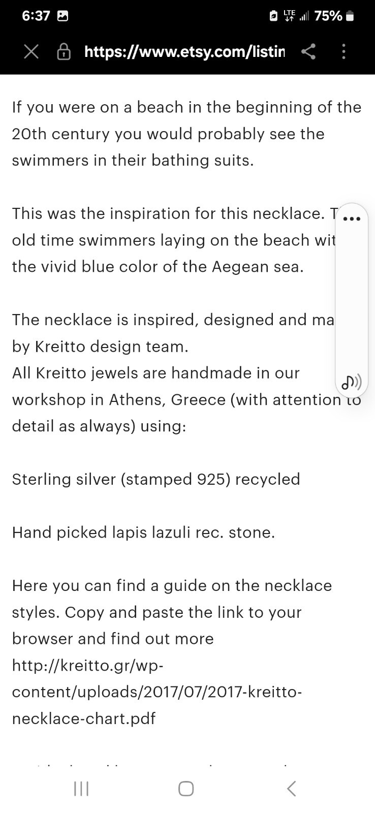 VTG Pendant Kreitto Greece 925 Abstract Water Figural Blue Lapis MOP 2″ Necklace
