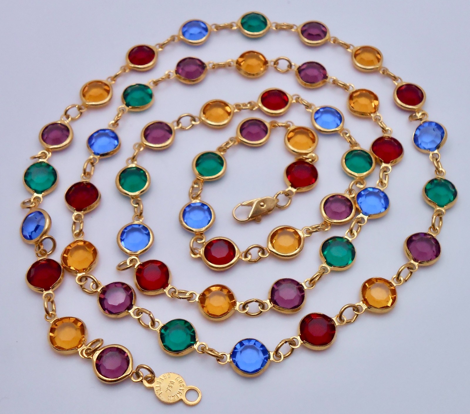 Vintage Austrian Crystal USA Multicolor Crystal Bezel Necklace 35″ Long N37
