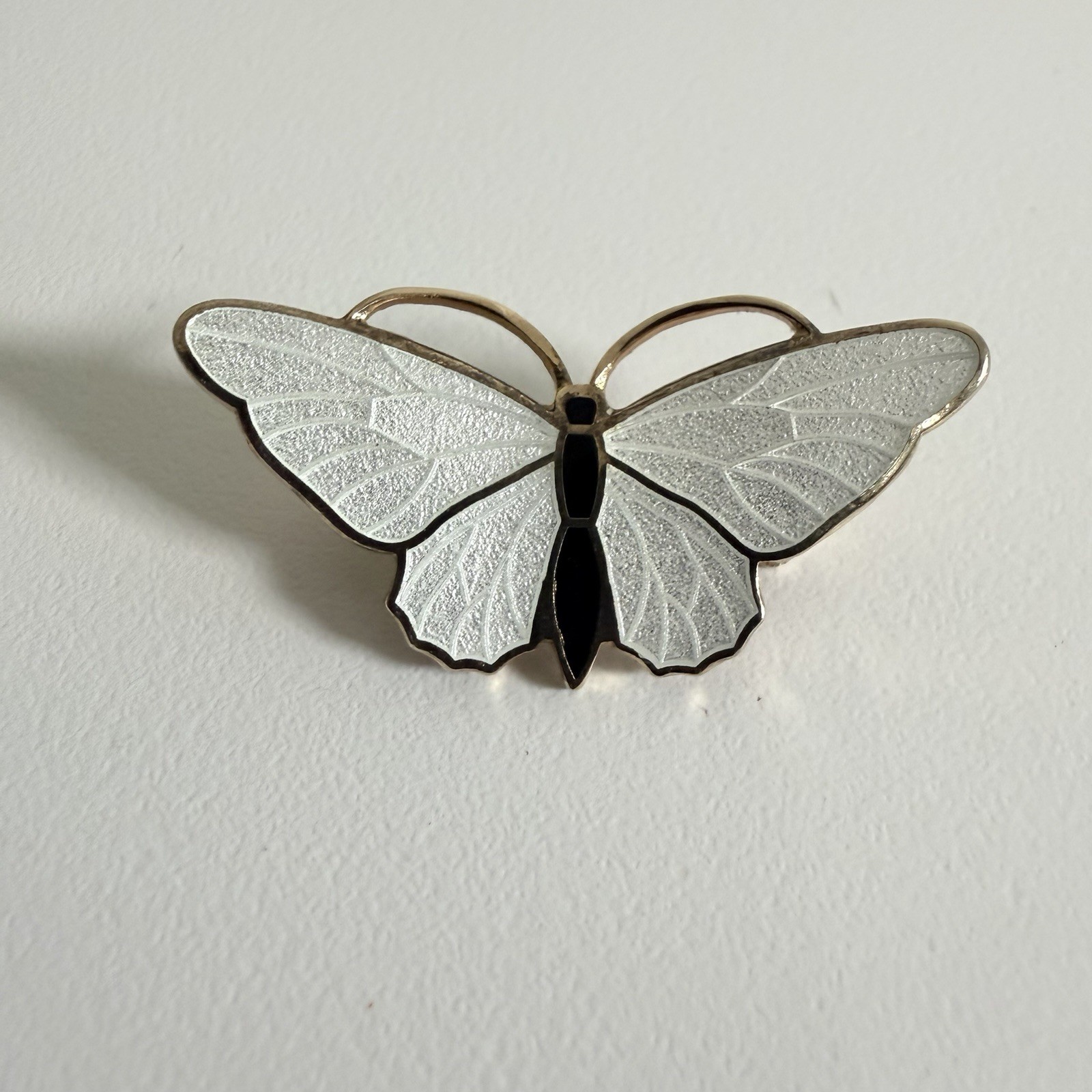 Vintage Mid Century White Black Guilloche Enamel Gold Tone Butterfly Pin Brooch