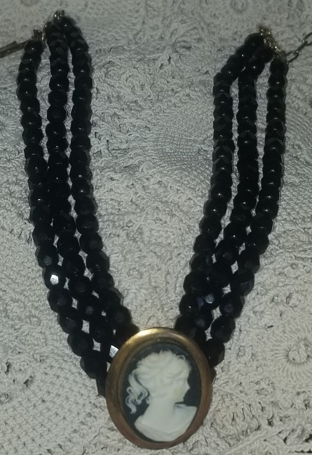 Cameo Necklace, Antique Jet Black Glass,3 Strand Choker, 16 1/2 inch, Gold Tone