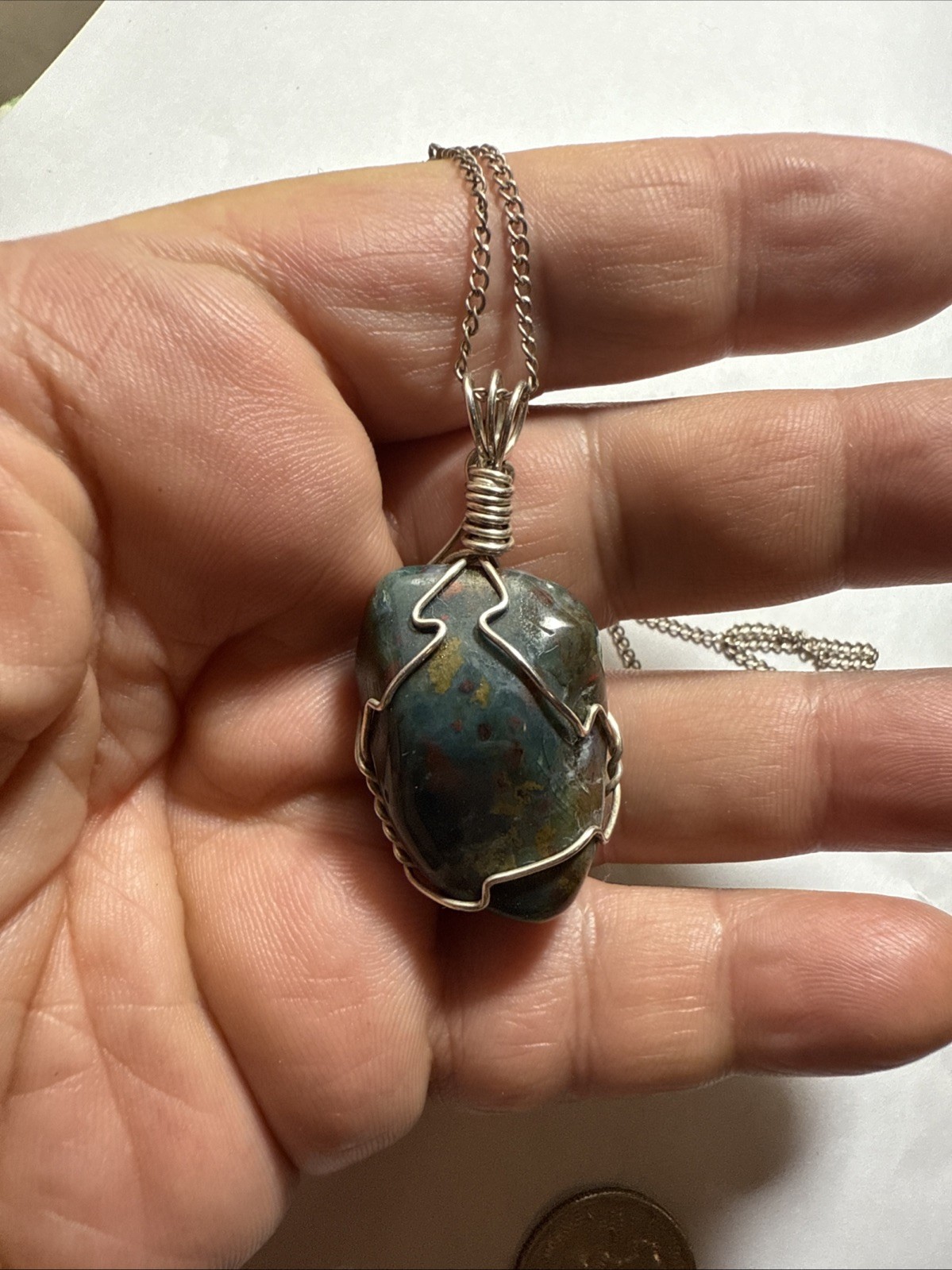 Necklace Bloodstone Big 25ct Solitaire Vintage Sterling Silver 18” Chain