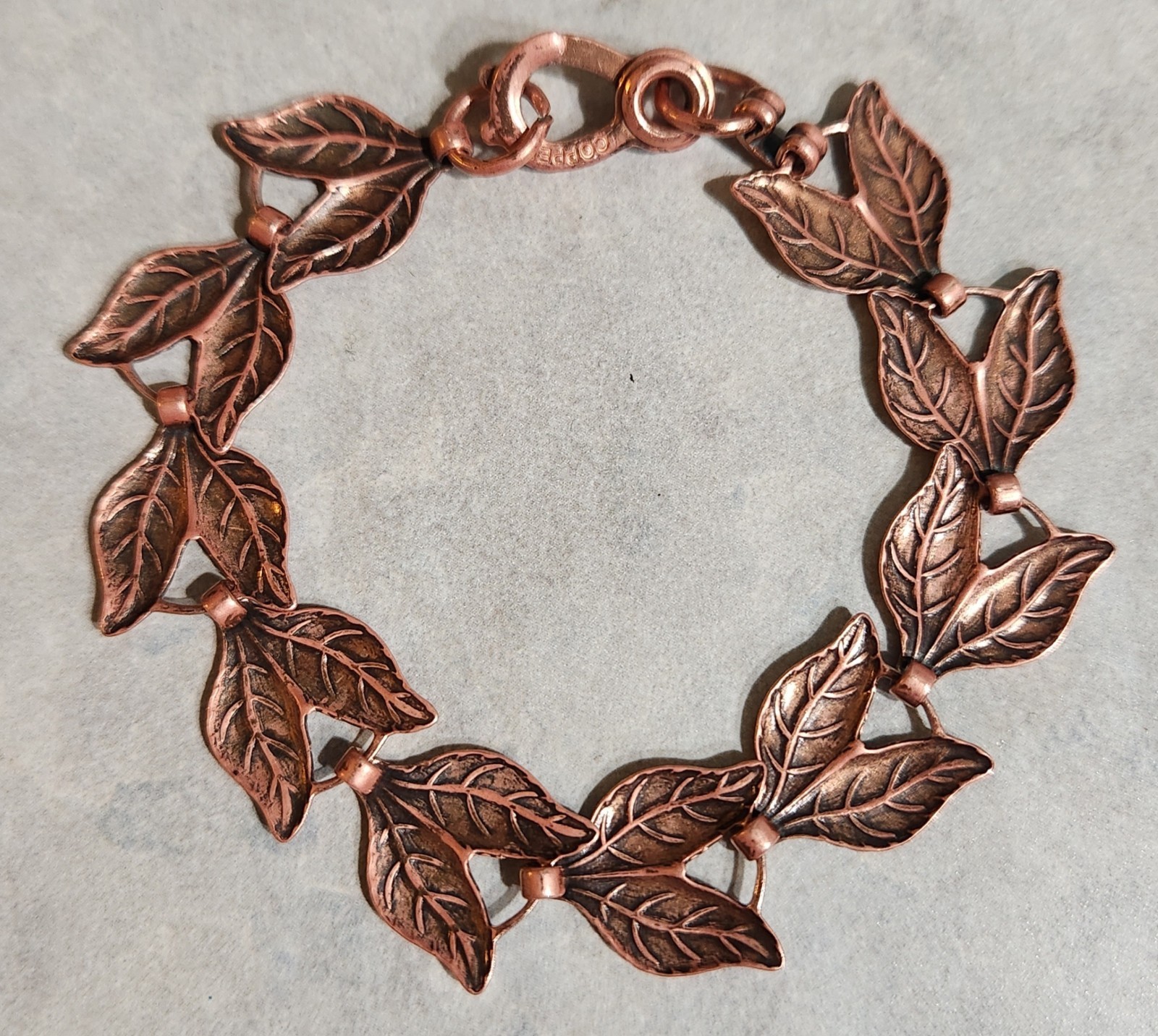 Vtg Unmarked Stamped Copper Double Leaf 7″ Link Bracelet With Heart Sister Clasp