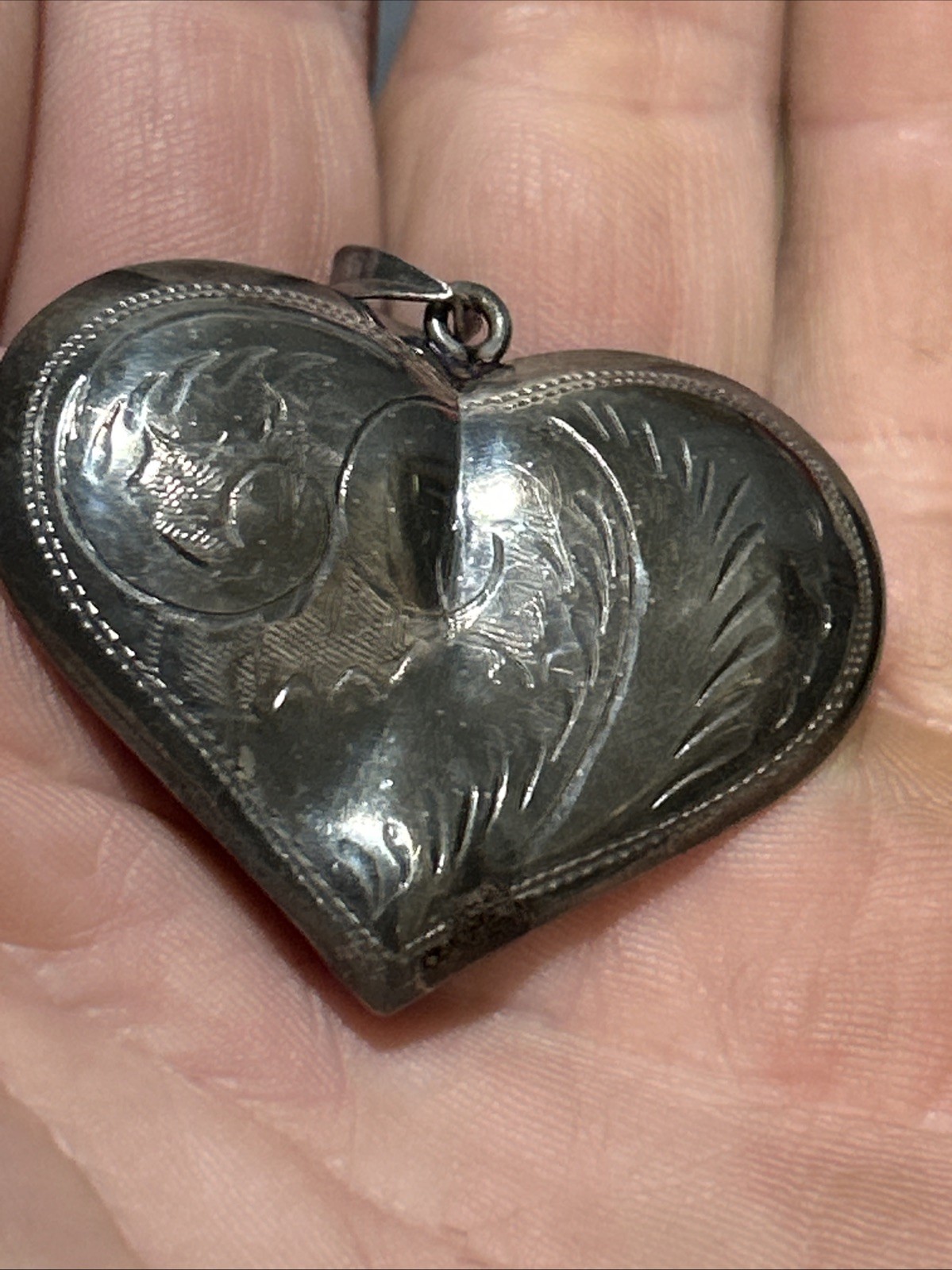 Antique Large Victorian Sterling Silver Puffy Heart Charm Pendant Early 1900’s