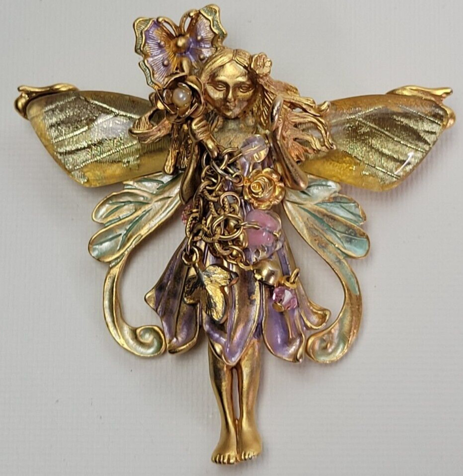 Vtg Kirk’s Folly Enamel Primrose Flower Magic Garden Fairy Brooch Pin Pendant