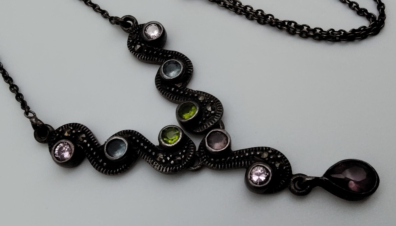 Vintage Pink Purple Green Blue Stone Marcasite Sterling Pendant Necklace 925