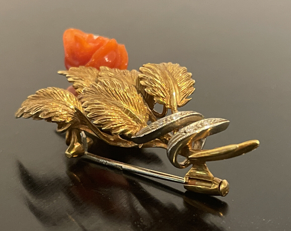18K Solid Yellow White Gold Viennese Coral Carved Rose 1.75” Long 10.43g