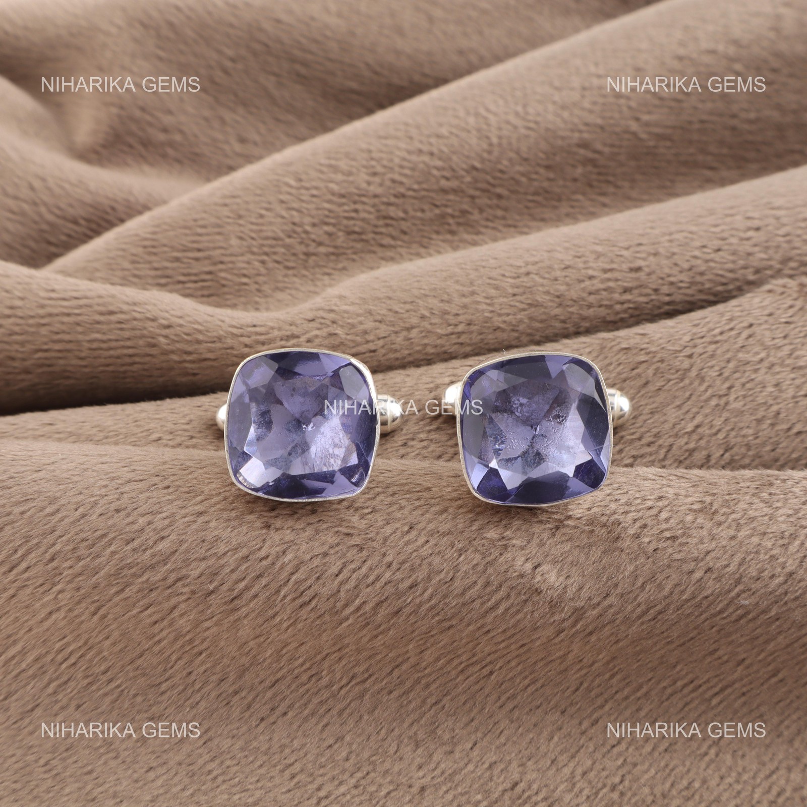 925 Sterling Silver Natural Iolite Purple Classic Dad Gifts Cufflinks Jewelry